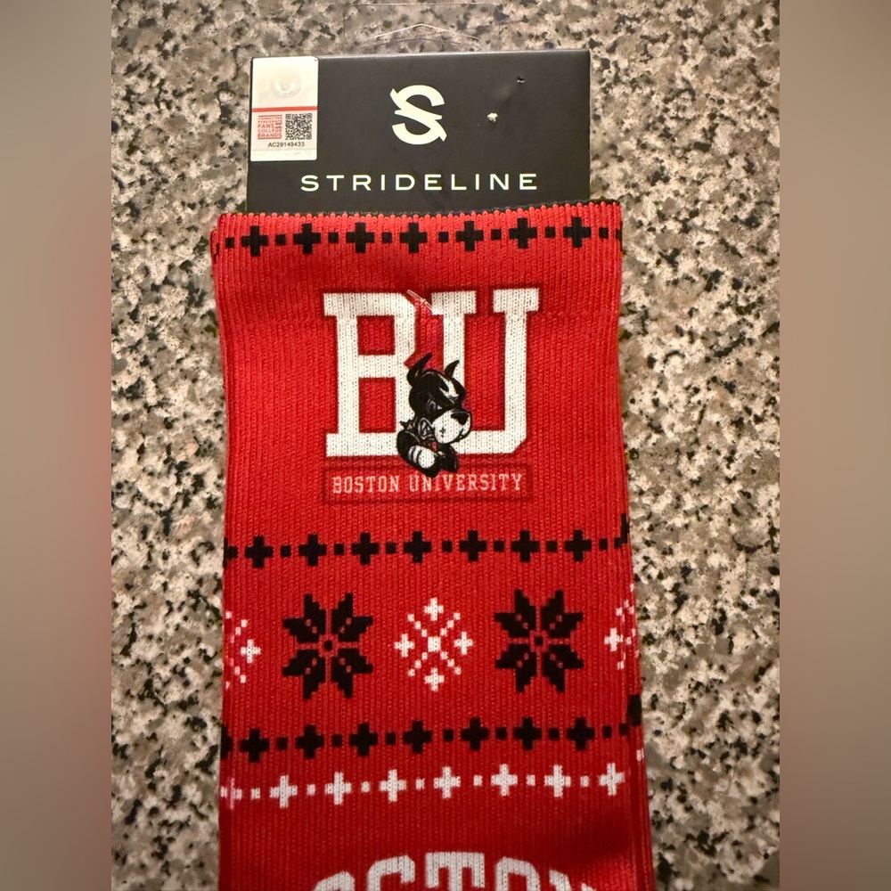 Boston University Terriers themed Strideline socks holiday sweater" pattern NWT - Picture 2 of 5